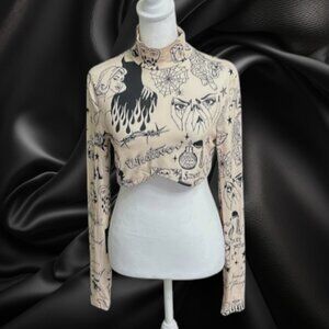 SHEIN Tattoo Print Mesh Crop Top Long Sleeve Turtleneck Y2K Streetwear Size L